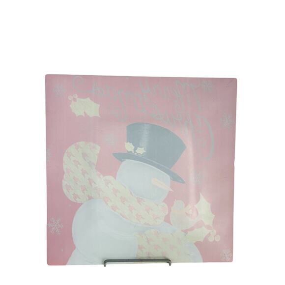 Snowman Glass Platter Deb Strain Winter Merry Christmas Plate 15” Vintage - Picture 6 of 10